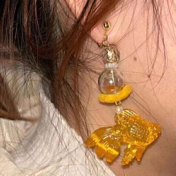 Gold Fish Bowl Carp Long Dangle Statement Beach Vacation Earrings - Picture 2 of 5